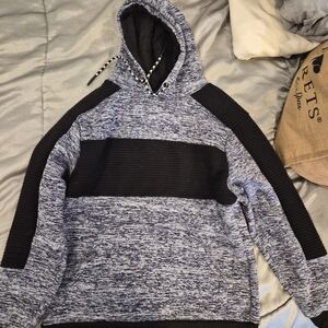 Marled Blue-Gray Hooded Sweatshirt with Black Contrast Panel